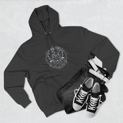 Norse Mjolnir symbol graphic on a black Viking mythology pullover hoodie.