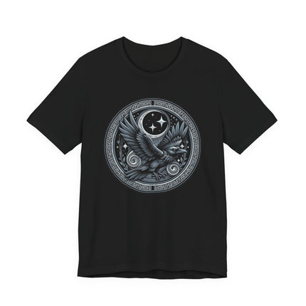 Norse raven graphic tee with Celtic circle and celestial mythology design.