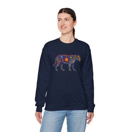 Colorful tribal jaguar graphic featuring geometric indigenous patterns.