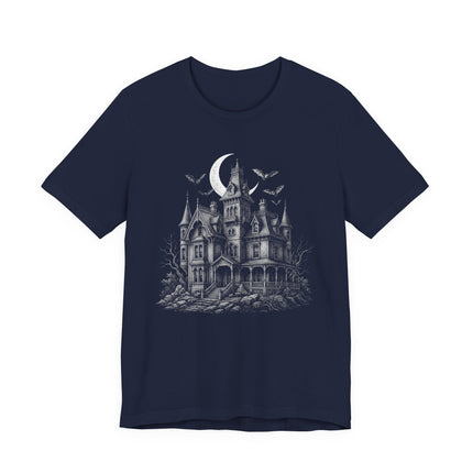 Spooky gothic haunted mansion illustration with bats and a crescent moon design.
