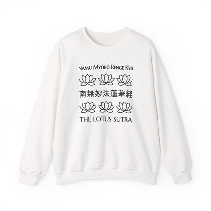 Lotus Sutra lotus flower sweatshirt featuring Namu Myoho Renge Kyo Buddhist mantra print.