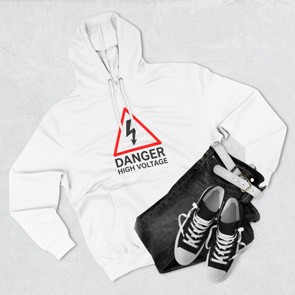 Danger high voltage warning sign graphic on a white pullover hoodie.