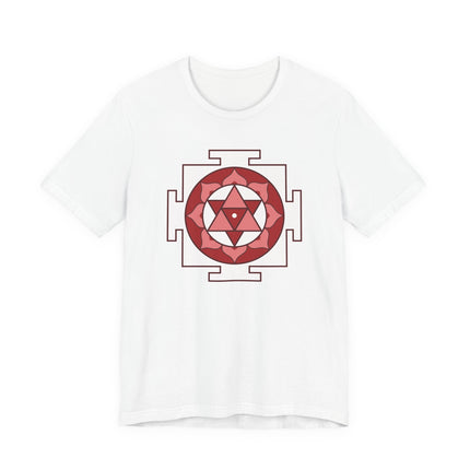 Geometric Shiva Yantra mandala design printed on a white spiritual t-shirt.