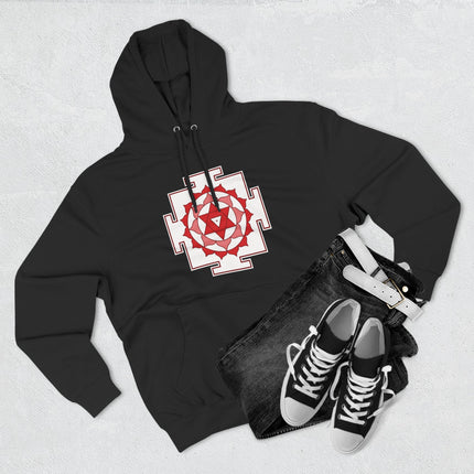 Black hoodie featuring the Matangi Yantra sacred geometry symbol in red and white.