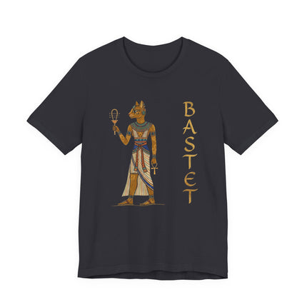 Bastet Egyptian cat goddess illustration on a dark t-shirt, featuring ankh and sistrum symbols.