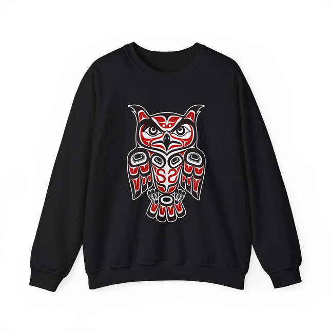 Red and white Pacific Northwest owl formline art on a black sweatshirt.