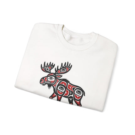 Northwest Coast art moose design sweatshirt featuring indigenous animal motifs.