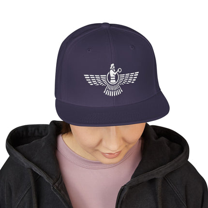 Dark snapback hat featuring the embroidered Faravahar symbol of Persian culture.