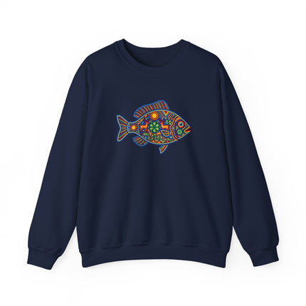 Colorful Huichol fish pattern on a pullover sweatshirt featuring Mexican folk art design.