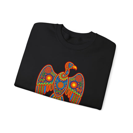 Colorful Huichol vulture pattern on a Mexican indigenous folk art pullover sweatshirt.