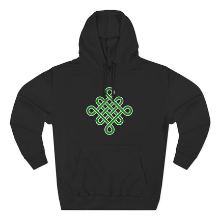 Green Celtic Endless Knot symbol graphic on a black pullover hoodie.