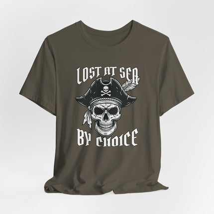 Nautical pirate skull graphic tee featuring "Lost At Sea By Choice" text.