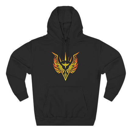 Gold Valkyrie winged emblem graphic on a black Norse warrior hoodie.