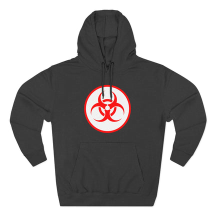 Black hoodie with a striking red biohazard symbol graphic.