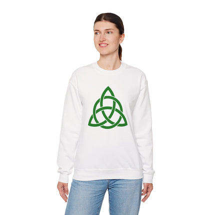 Green Celtic Triquetra knot graphic on a white unisex sweatshirt.