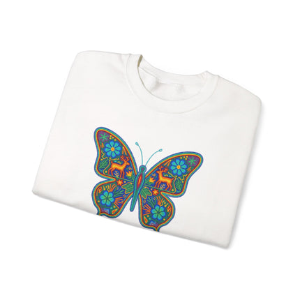 Colorful Huichol butterfly folk art printed sweatshirt in vibrant Mexican style pullover.