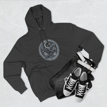 Norse raven and moon graphic hoodie featuring Viking mythology celestial art.