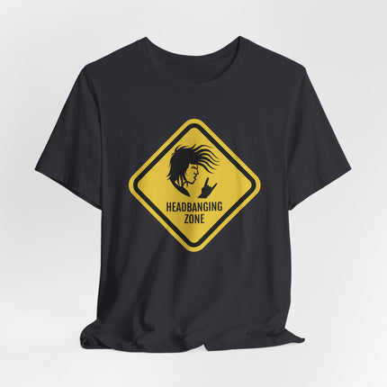 Headbanging Zone rock metal graphic tee with a yellow warning sign and silhouette.