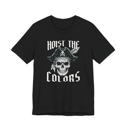 Nautical pirate skull graphic tee featuring "Hoist The Colors" text on a black shirt.