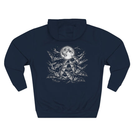 Gothic hoodie featuring bats flying around a full moon celestial design.