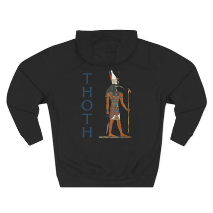Thoth Egyptian god artwork printed on a black hoodie, featuring ancient mythology and wisdom.