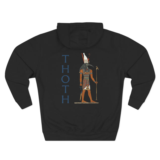 Thoth Egyptian god artwork printed on a black hoodie, featuring ancient mythology and wisdom.