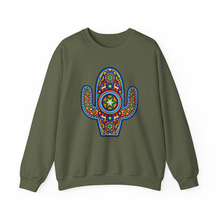 Vibrant Huichol art cactus graphic on a dark green sweatshirt, featuring Mexican indigenous patterns.