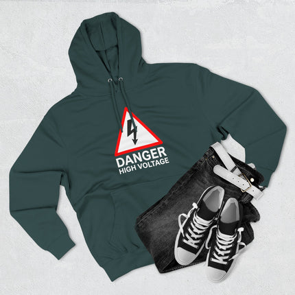 Danger High Voltage warning sign graphic on a dark pullover hoodie.