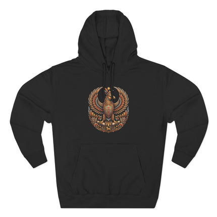 Mythical Persian eagle graphic on black hoodie. Ornate Shabaz mythology art print.