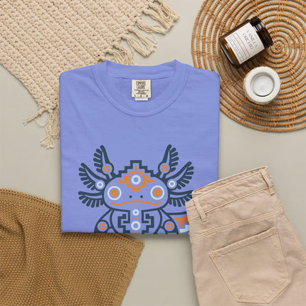 Aztec Axolotl T-Shirt | Geometric Salamander Design in Green and Gold Tee