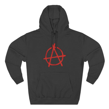 Red distressed anarchy symbol graphic on a black pullover hoodie.