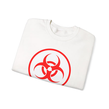 Black unisex pullover featuring a bold red biohazard symbol warning graphic print.