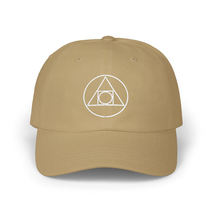 Tan baseball cap featuring embroidered sacred geometry and alchemy symbol.