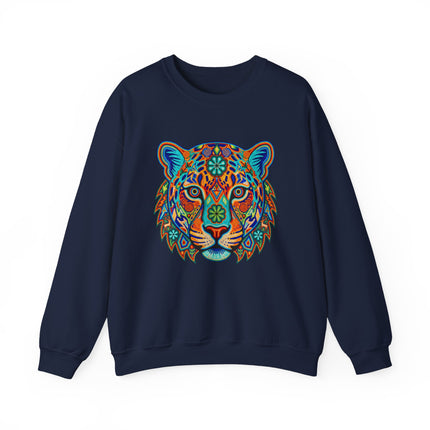 Vibrant Huichol-style jaguar portrait featuring colorful Mexican folk art patterns.