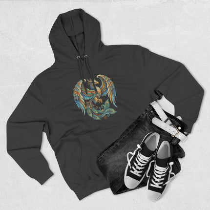 Colorful phoenix and Homa bird graphic on a black pullover hoodie, featuring vibrant mythological art.