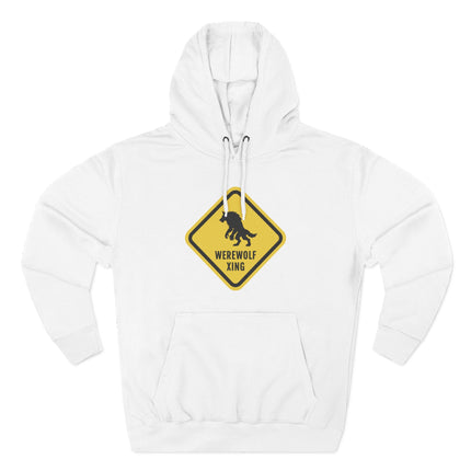 White hoodie featuring a yellow warning sign with a werewolf silhouette and "Werewolf Xing.