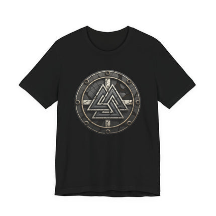 Black t-shirt with circular distressed Valknut symbol, Norse Viking mythology graphic design.