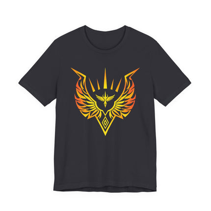 Valkyrie phoenix warrior emblem graphic on a black t-shirt.
