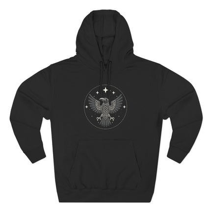 Black hoodie featuring a Norse raven and knotwork graphic. Design includes spread wings and Viking mythology style.