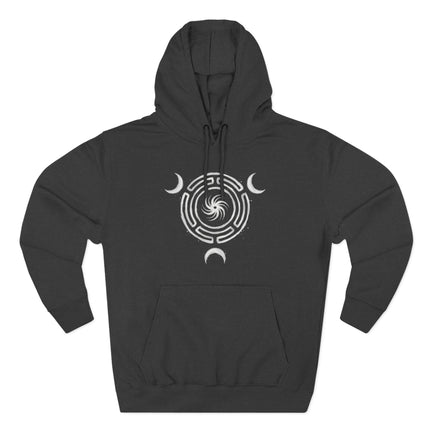 Hekate Triple Moon Goddess Strophalos wheel design on a black witchy hoodie.