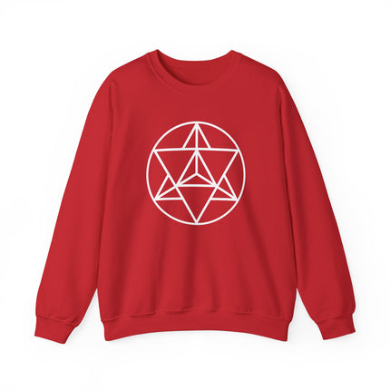 Merkaba sacred geometry symbol on a red unisex sweatshirt graphic.