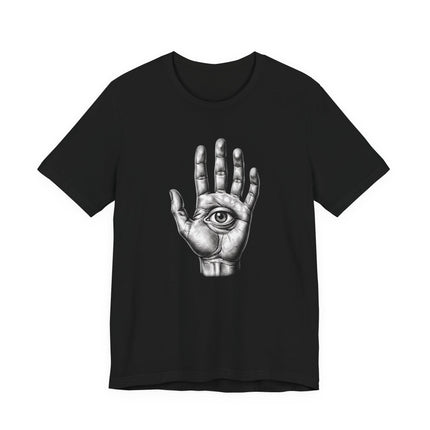 Mystic engraved eye symbol within an open hand design.