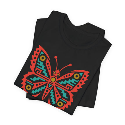 Aztec Butterfly T-Shirt | Red and Teal Geometric Wing Design Tee
