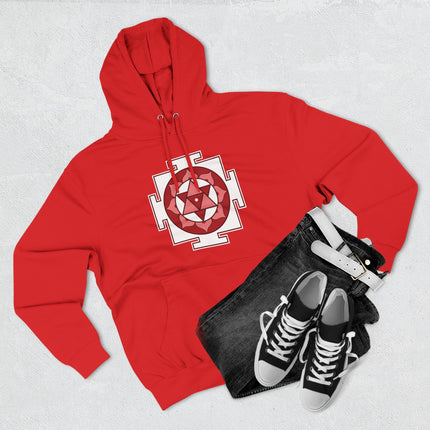 Red pullover hoodie featuring the Shiva Yantra sacred geometry Hindu symbol print.