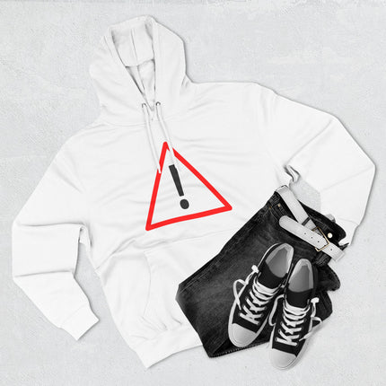 Red hazard warning sign graphic on a white pullover hoodie.