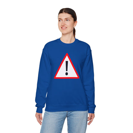 Blue sweatshirt featuring a red caution triangle and exclamation mark graphic.