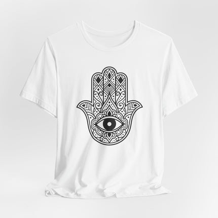 Hamsa Hand and Evil Eye protection symbol graphic tee featuring intricate black line art.
