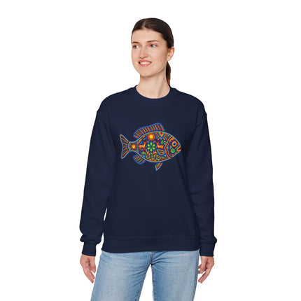 Huichol-style colorful fish graphic on a navy sweatshirt, featuring vibrant Mexican folk art design.