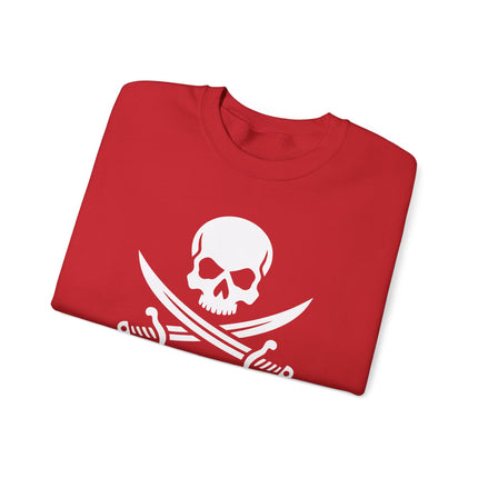 Jolly Roger skull and sword pirate graphic sweatshirt featuring "Take What Ye Can" text design.