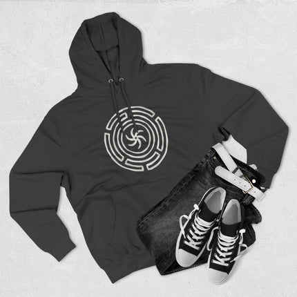 Black hoodie featuring the Hekate Strophalos Wheel symbol for pagan wear and witchy aesthetic.